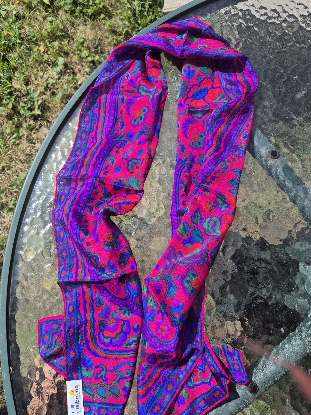Liz Claiborne Fuchsia Floral Paisley 100% Silk Scarf with Blue & Green Accents